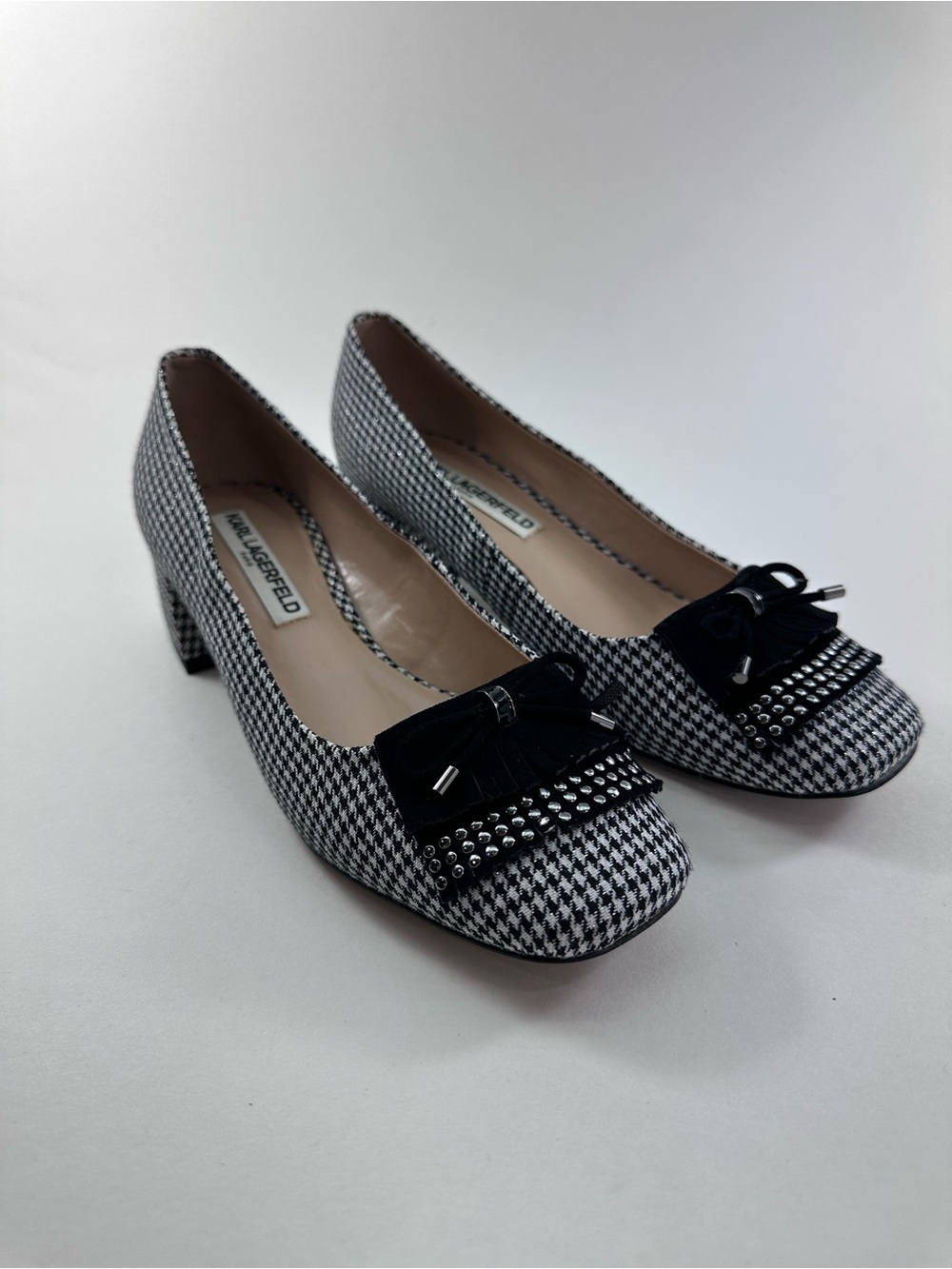Karl Lagerfeld Black and White Houndstooth Bow Block-Heel Pumps Cindy 2
